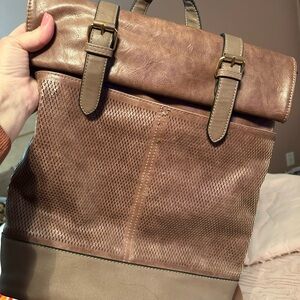 Textured Roll-Top Brown Women's Backpack